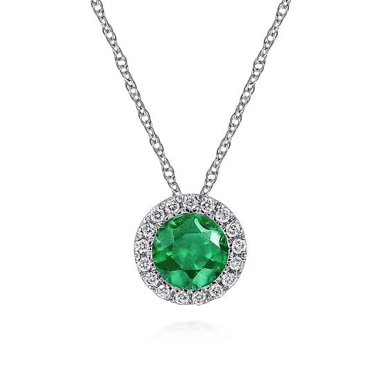 Gabriel & Co Round and Emerald Cut Diamond Halo Pendant Necklace in 14K White Gold (0.57ctw) - MJ Christensen Diamonds