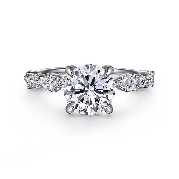 Gabriel & Co. Round and Pear Diamond Half Band with Beaded Halo Semi - Mount Engagement Ring in 14K White Gold (.54ctw) - MJ Christensen Diamonds