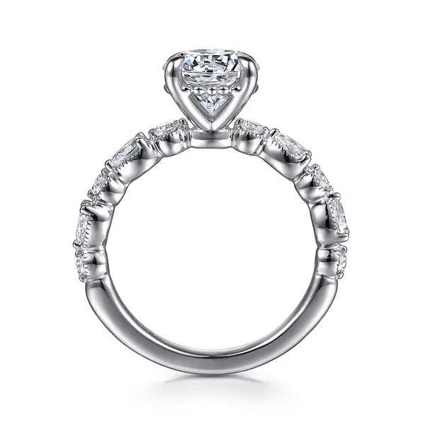 Gabriel & Co. Round and Pear Diamond Half Band with Beaded Halo Semi - Mount Engagement Ring in 14K White Gold (.54ctw) - MJ Christensen Diamonds