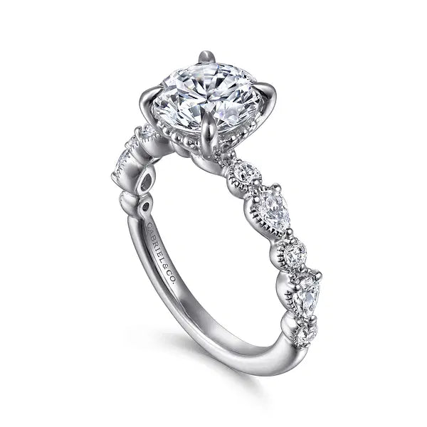 Gabriel & Co. Round and Pear Diamond Half Band with Beaded Halo Semi - Mount Engagement Ring in 14K White Gold (.54ctw) - MJ Christensen Diamonds