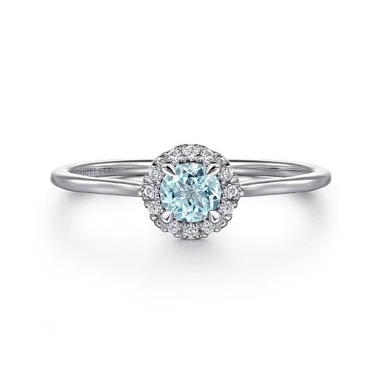 Gabriel & Co Round Aqua and Diamond Halo Ring in 14K White Gold (0.32ctw) - MJ Christensen Diamonds