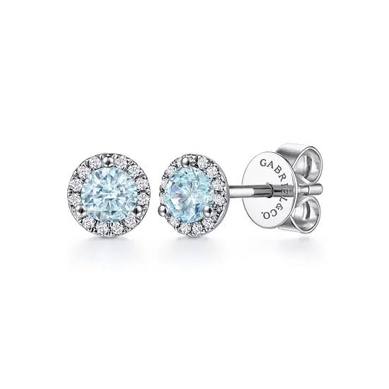 Gabriel & Co Round Aqua and Diamond Halo Stud Earrings in 14K White Gold (0.52ctw) - MJ Christensen Diamonds