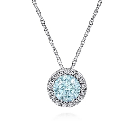 Gabriel & Co Round Aquamarine and Diamond Halo Pendant Necklace in 14K White Gold (0.48ctw) - MJ Christensen Diamonds
