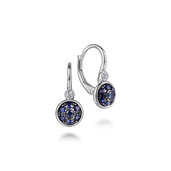 Gabriel & Co Round Blue Sapphire and Diamond Cluster Leverback Earrings in Sterling Silver (0.74ctw) - MJ Christensen Diamonds