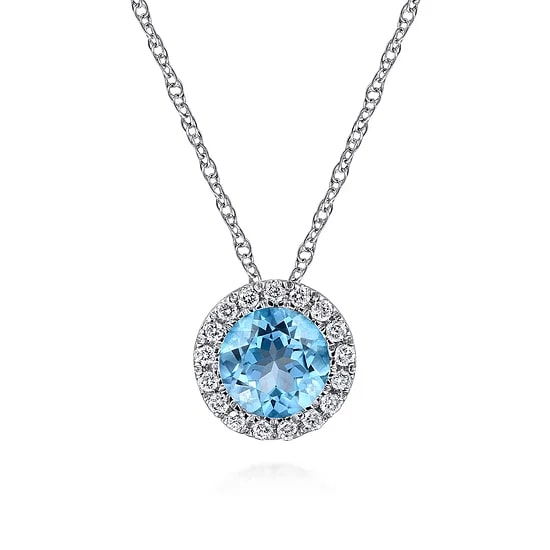 Gabriel & Co Round Blue Topaz and Diamond Halo Pendant Necklace in 14K White Gold (0.71ctw) - MJ Christensen Diamonds