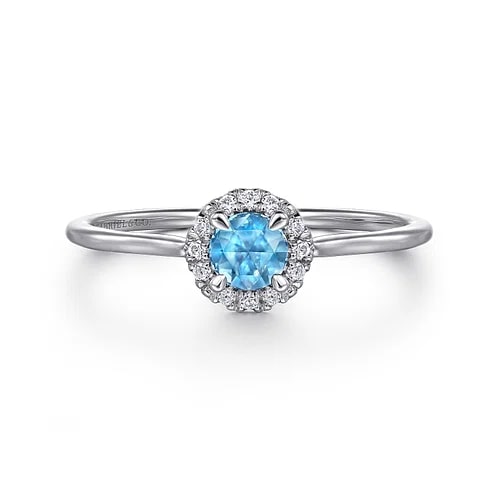 Gabriel & Co Round Blue Topaz and Diamond Halo Ring in 14K White Gold (0.32ctw) - MJ Christensen Diamonds