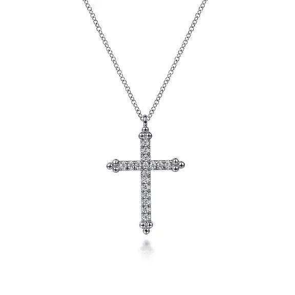 Gabriel & Co Round Diamond Cross Pendant Necklace with Beaded Details in 14K White Gold (0.26ctw) - MJ Christensen Diamonds