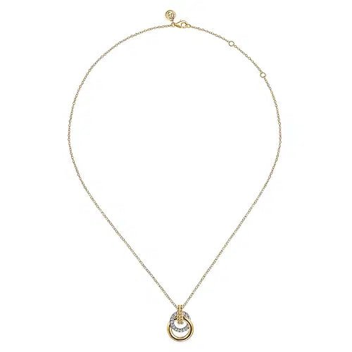 Gabriel & Co Round Diamond Entwined Double Circle Pendant Necklace in 14K Yellow and White Gold (0.24ct) - MJ Christensen Diamonds