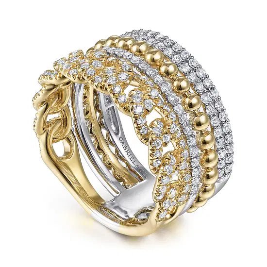 Gabriel & Co Round Diamond Layered Stack Fashion Ring in 14K Yellow and White Gold (1.06ctw) - MJ Christensen Diamonds