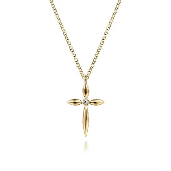 Gabriel & Co Round Diamond Small Cross Pendant Necklace in 14K Yellow Gold (0.01ct) - MJ Christensen Diamonds