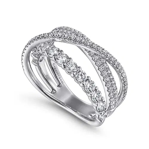 Gabriel & Co Round Diamond Three - Row Crisscross Fashion Ring in 14K White Gold (1.18ctw) - MJ Christensen Diamonds