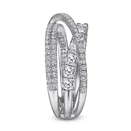 Gabriel & Co Round Diamond Three - Row Crisscross Fashion Ring in 14K White Gold (1.18ctw) - MJ Christensen Diamonds