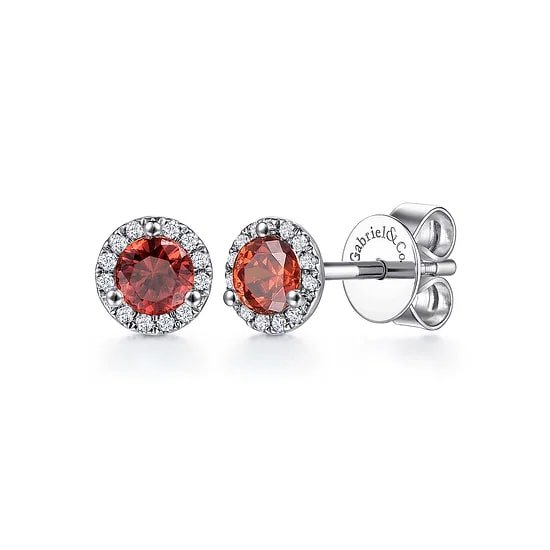 Gabriel & Co Round Garnet and Diamond 3 - Prong Halo Stud Earrings in 14K White Gold (0.77ctw) - MJ Christensen Diamonds