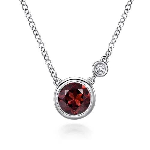 Gabriel & Co Round Garnet and Diamond Accent Bezel Pendant Necklace in Sterling Silver (1.02ct Garnet, 0.02ct Dia) - MJ Christensen Diamonds