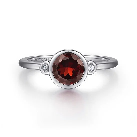 Gabriel & Co Round Garnet and Diamond Accent Bezel Ring in Sterling Silver (1.04ct Garnet, 0.04ctw Diamonds) - MJ Christensen Diamonds