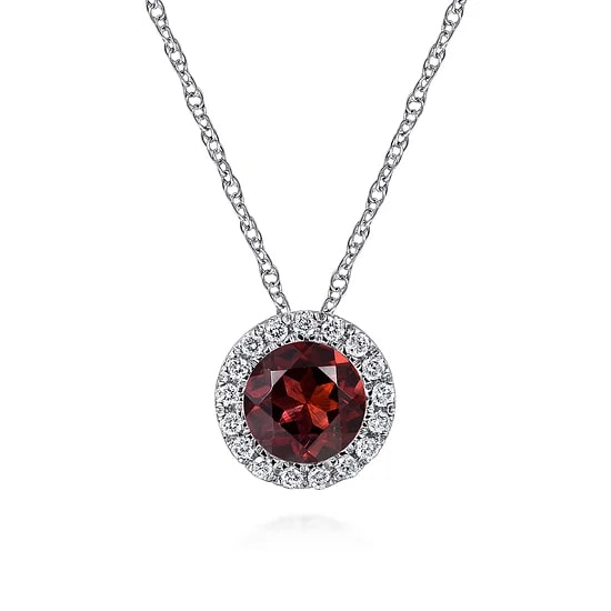 Gabriel & Co Round Garnet and Diamond Halo Pendant Necklace in 14K White Gold (0.73ctw) - MJ Christensen Diamonds