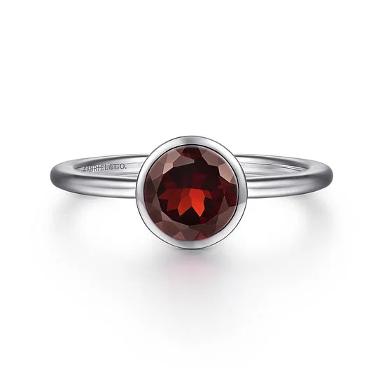 Gabriel & Co Round Garnet Bezel Set Ring in Sterling Silver (0.94ct) - MJ Christensen Diamonds