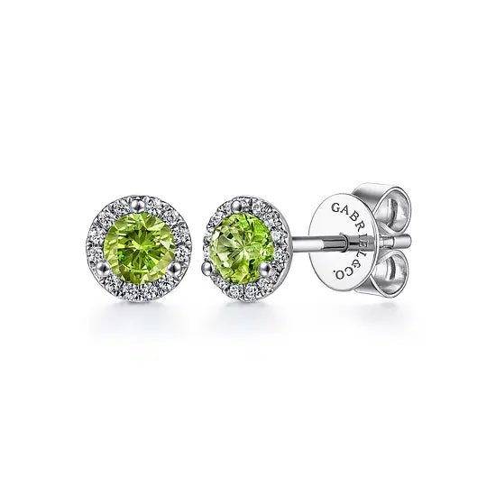 Gabriel & Co Round Peridot and Diamond Halo Stud Earrings in 14K White Gold (0.62ctw) - MJ Christensen Diamonds