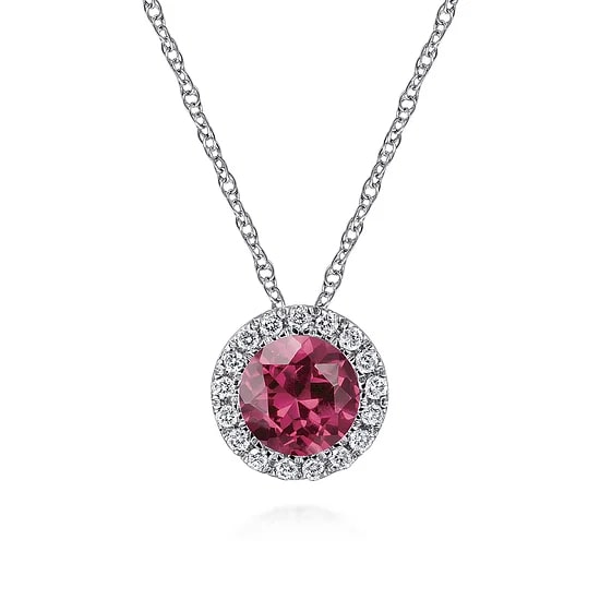 Gabriel & Co Round Pink Tourmaline and Diamond Halo Pendant Necklace in 14K White Gold (0.57ctw) - MJ Christensen Diamonds