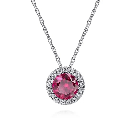 Gabriel & Co Round Ruby and Diamond Halo Pendant Necklace in 14K White Gold (0.7ctw) - MJ Christensen Diamonds