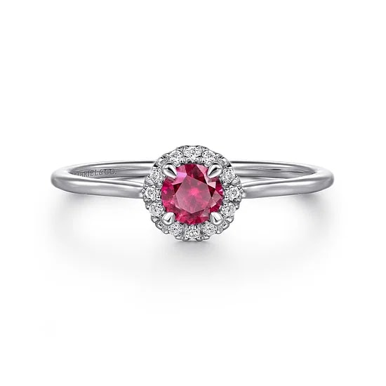 Gabriel & Co Round Ruby and Diamond Halo Ring in 14K White Gold (0.37ctw) - MJ Christensen Diamonds