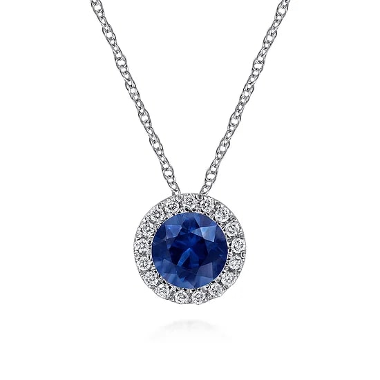 Gabriel & Co Round Sapphire and Diamond Halo Pendant in 14K White Gold (0.5ct) - MJ Christensen Diamonds