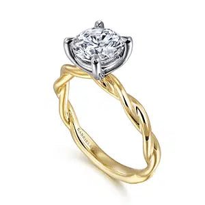 Gabriel & Co. Round Semi - Mount Twist Band Solitaire Engagement Ring in 14K Yellow and White Gold - MJ Christensen Diamonds
