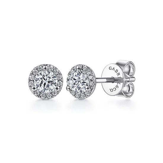 Gabriel & Co Round White Sapphire and Diamond 3 Prong Halo Stud Earrings in 14K White Gold (0.69ctw) - MJ Christensen Diamonds
