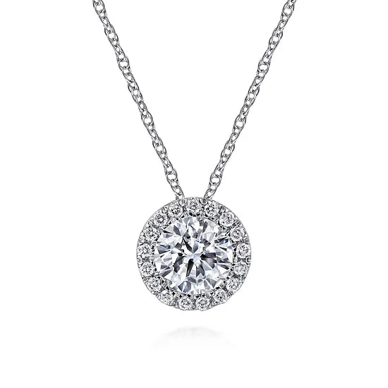 Gabriel & Co Round White Sapphire and Diamond Halo Pendant Necklace in 14K White Gold (0.35ctw) - MJ Christensen Diamonds