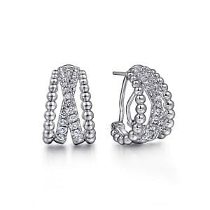 Gabriel & Co White Sapphire Crisscross Beaded Hug Earrings in Sterling Silver (0.97ctw) - MJ Christensen Diamonds