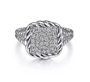 Gabriel & Co White Sapphire Pave Signet Rope Ring in Sterling Silver (0.43ctw) - MJ Christensen Diamonds