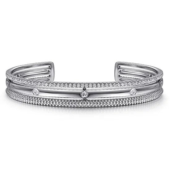 Gabriel & Co White Sapphire Three Row Cuff Bangle Bracelet in Sterling Silver (1.59ctw) - MJ Christensen Diamonds