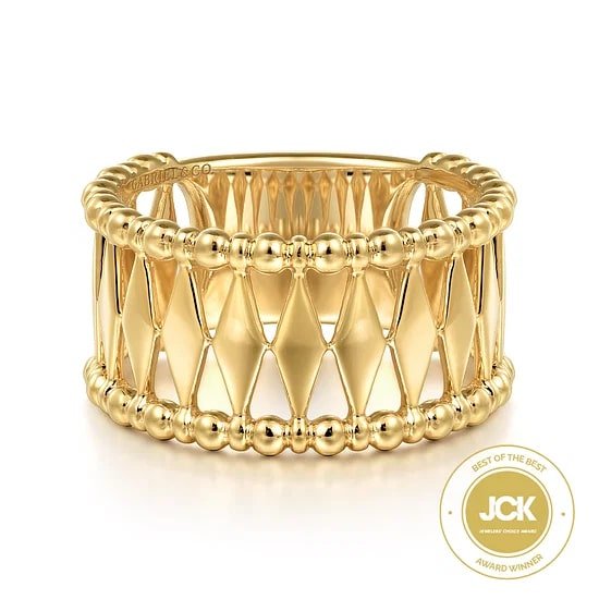 Gabriel & Co Wide Band Diamond Pattern Fashion Ring in 14K Yellow Gold - MJ Christensen Diamonds
