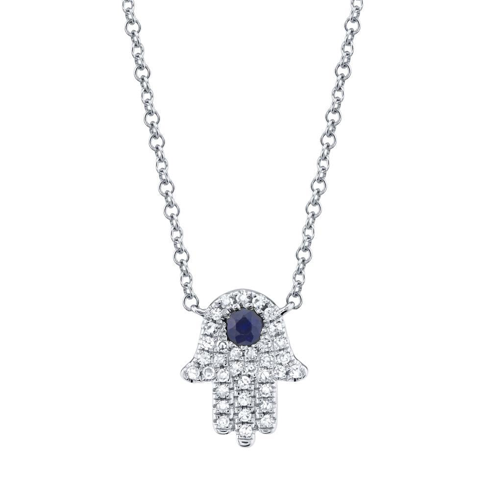 Hamsa Pendant with Diamond and Sapphire in 14K White Gold (0.17ctw) - MJ Christensen Diamonds
