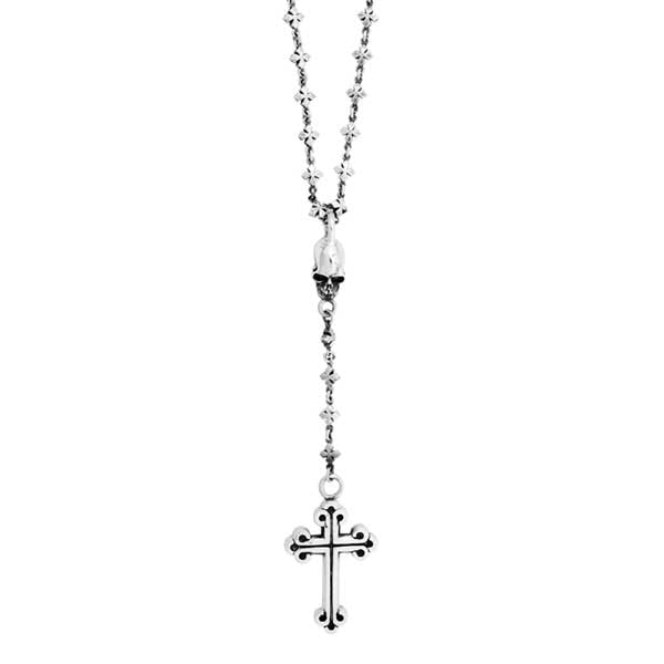Sterling Silver Rosary with Skull & Cross Hanging Men's Necklace - MJ Christensen Diamonds