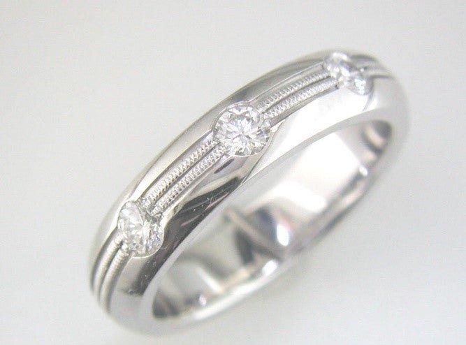 Men's Band with Round Diamond Three Stone Milgrain Flush in 18K White Gold (0.51ctw) - MJ Christensen Diamonds
