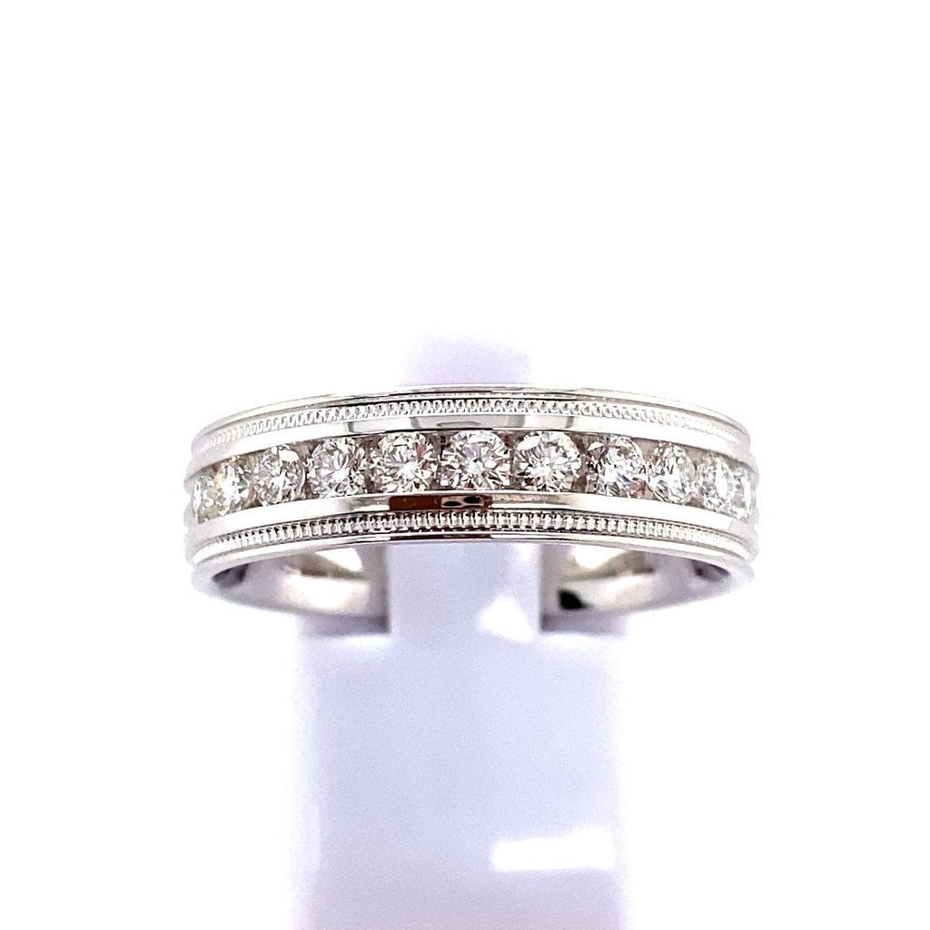 Mens Halfway Engraved Channel Diamond Ring in 18K White Gold (0.77ctw) - MJ Christensen Diamonds