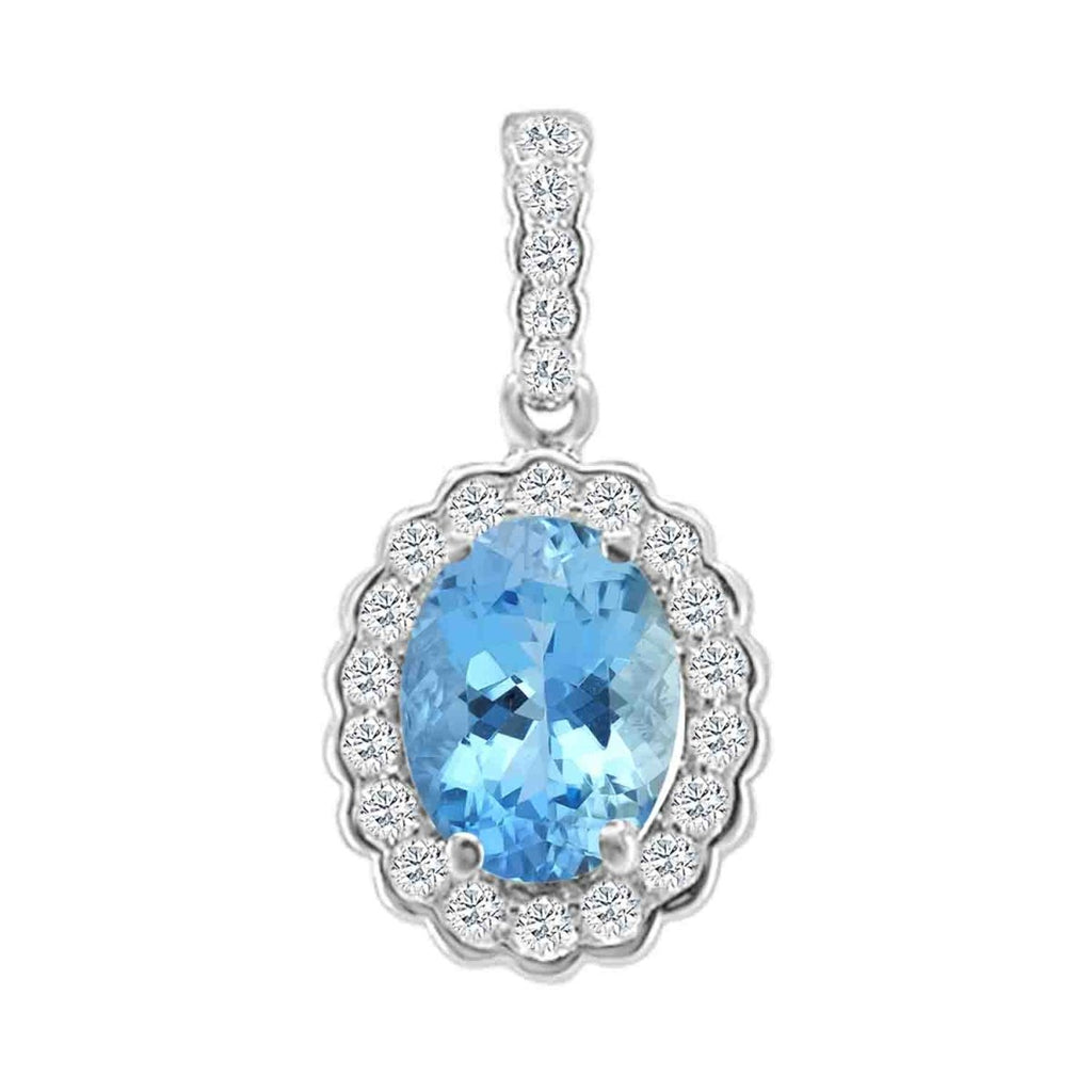 Octagon Aqua and Diamond Halo Pendant Necklace in 14K White Gold (1.36ctw) - MJ Christensen Diamonds
