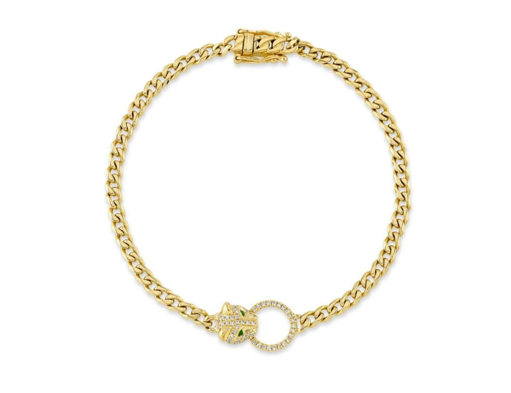 Panther Link Bracelet with Round Diamond and Emerald in 14K Yellow Gold (0.19ctw) - MJ Christensen Diamonds