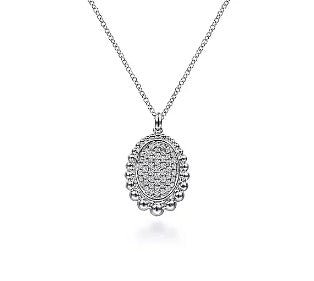 Pave Bead Halo Pendant with White Sapphire Oval in Sterling Silver (0.44ct) - MJ Christensen Diamonds