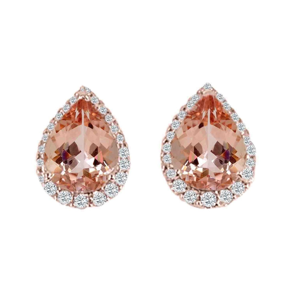 Pear Morganite and Diamond Halo Stud Earrings in 14K Rose Gold (2.64ctw) - MJ Christensen Diamonds