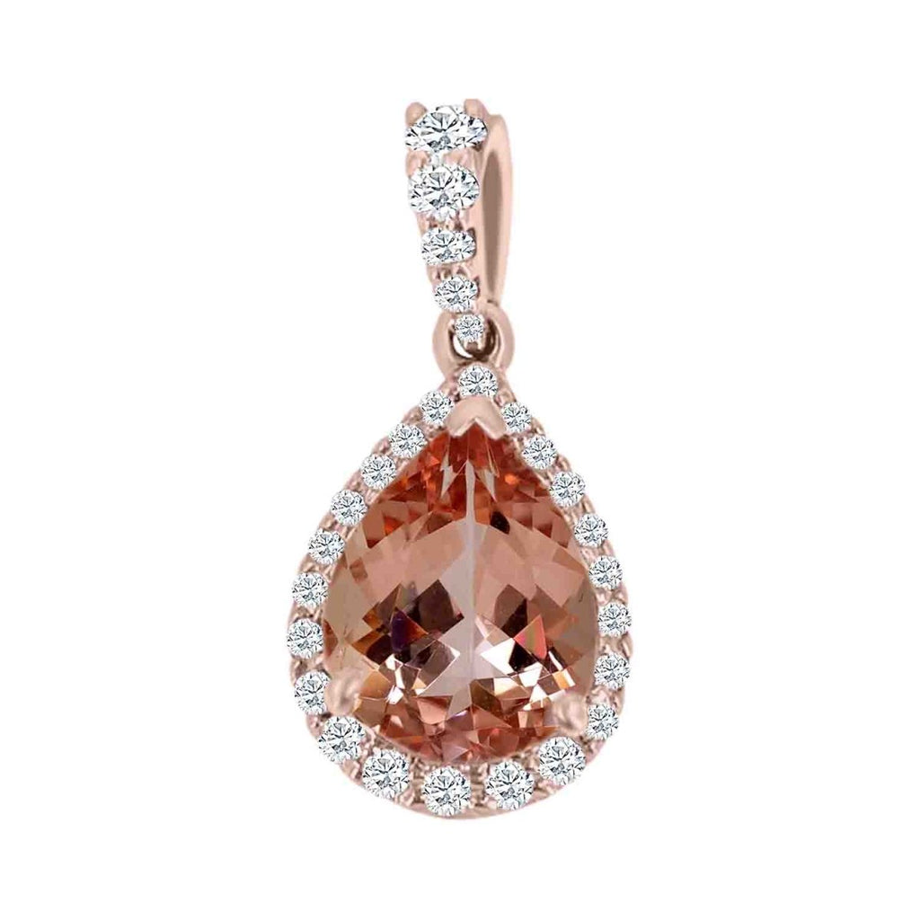 Pear Morganite Halo Pendant Necklace in 14K Rose Gold (1.19ct) - MJ Christensen Diamonds
