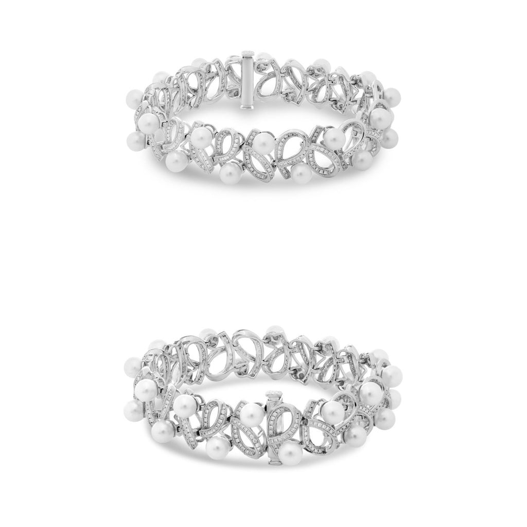 Pearl and Diamond Ribbon Bracelet in 18K White Gold (1.66ctw) - MJ Christensen Diamonds