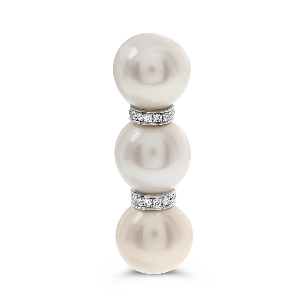 Pearl and Round Diamond 3 Stack Stud Earrings in 18K White Gold (0.21ctw) - MJ Christensen Diamonds