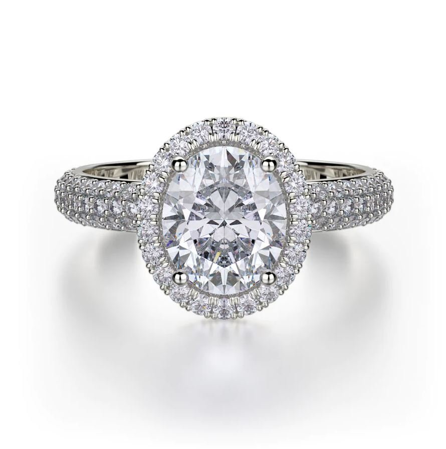 Semi - Mount Halo Engagement Ring with Pear Cut Diamond Accent in 18K White Gold (0.68ctw) - MJ Christensen Diamonds
