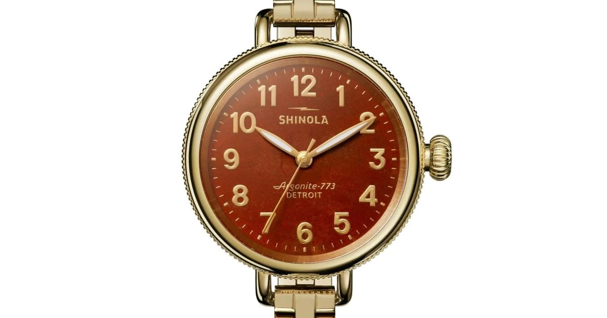 Shinola 34mm Birdy 3 Hand Maroon Dial Gold Watch in Stainless