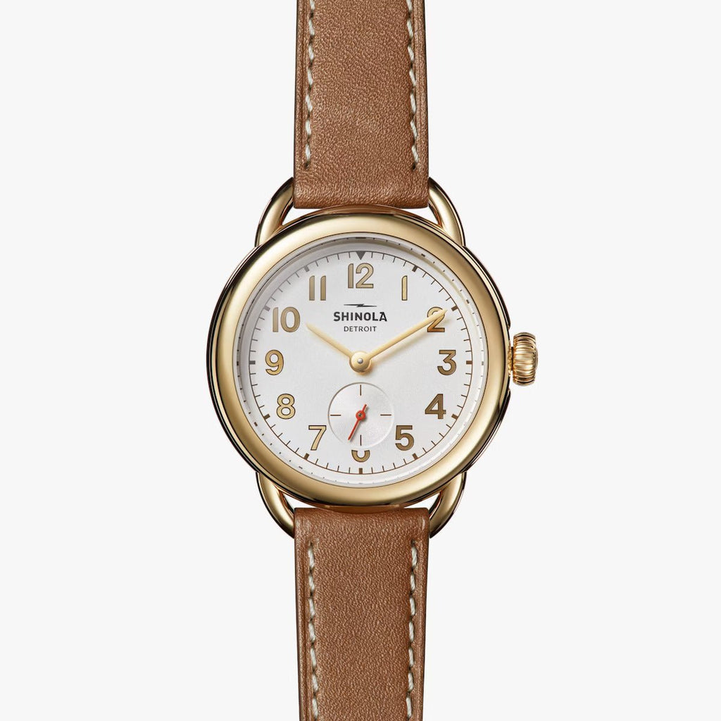 Shinola 36mm Runabout Sub Second Ivory Dial Automatic Watch with Tan Leather Strap in Stainless Steel - MJ Christensen Diamonds