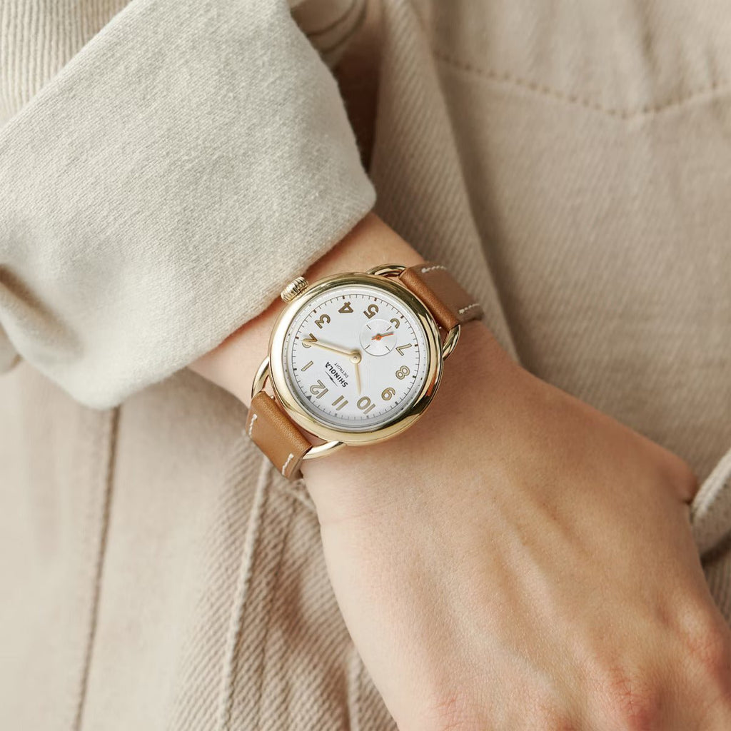 Shinola 36mm Runabout Sub Second Ivory Dial Automatic Watch with Tan Leather Strap in Stainless Steel - MJ Christensen Diamonds