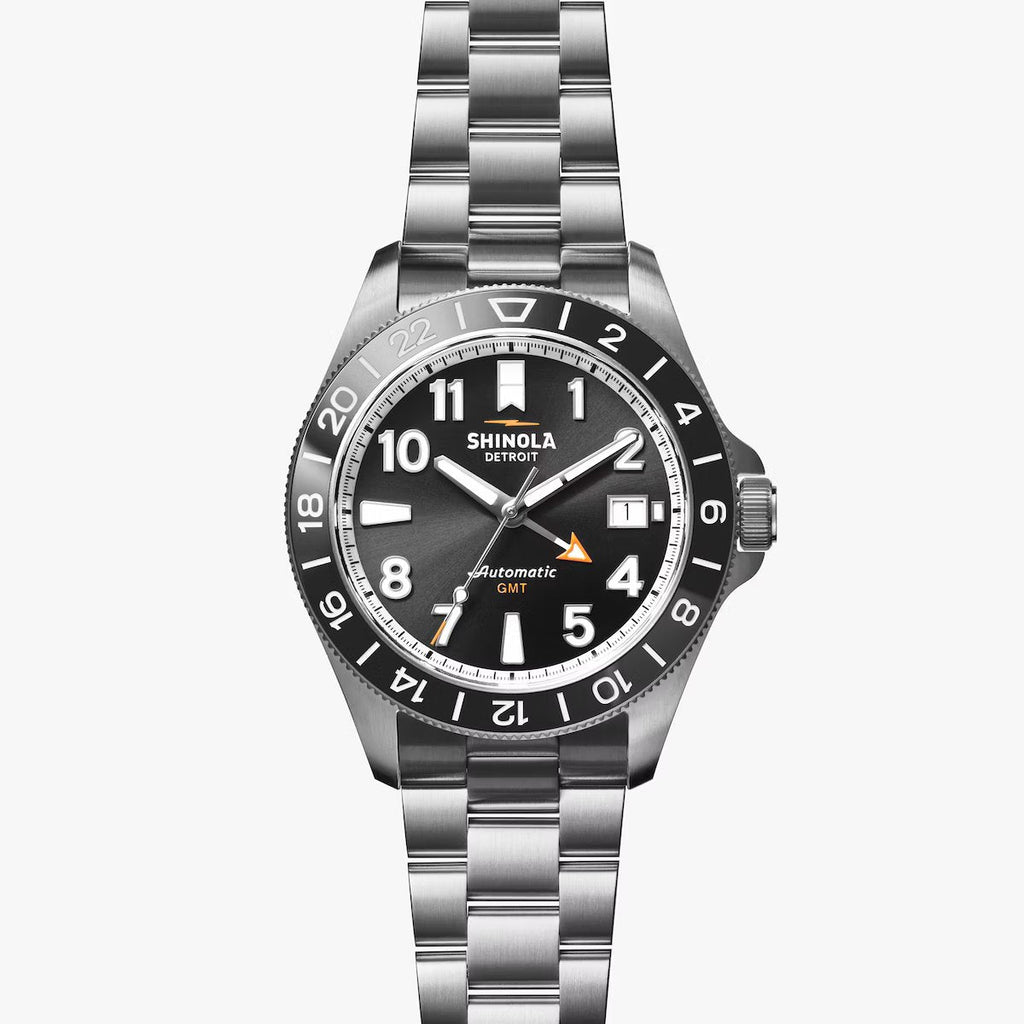 Shinola 40mm Monster GMT Black Face Silver Watch with Additional Black Strap Gift Set in Stainless Steel - MJ Christensen Diamonds