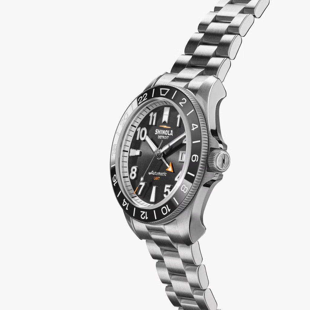 Shinola 40mm Monster GMT Black Face Silver Watch with Additional Black Strap Gift Set in Stainless Steel - MJ Christensen Diamonds